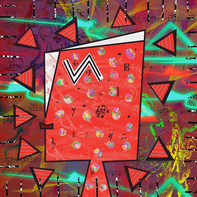 A vibrant abstract digital artwork featuring a central red square with musical notes and a zig-zag logo, surrounded by colorful triangles and swirling patterns on a multi-colored background.