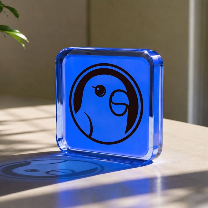 A blue translucent block displays a stylized cartoon character logo, casting a similar shadow on the surface below.