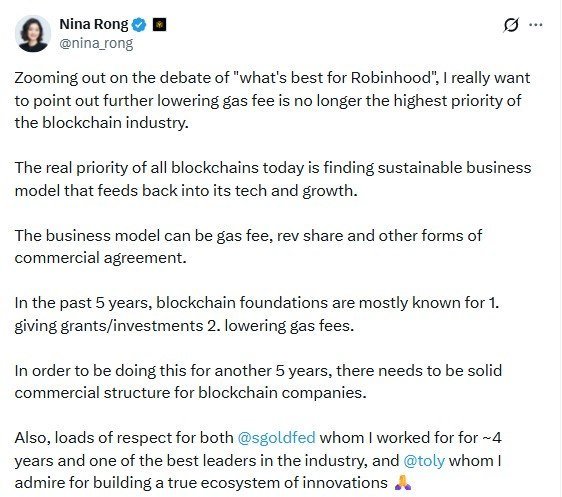 A tweet by Nina Rong (@nina_rong) argues that blockchain's priority has shifted from lowering gas fees to building sustainable business models that fund tech and growth, noting that foundations have historically focused on grants and fee reduction but now need commercial structures to continue long-term. The accompanying post highlights that BNB Chain is already generating ~$883K in daily chain fees, making this stance on gas fees being deprioritized particularly noteworthy.