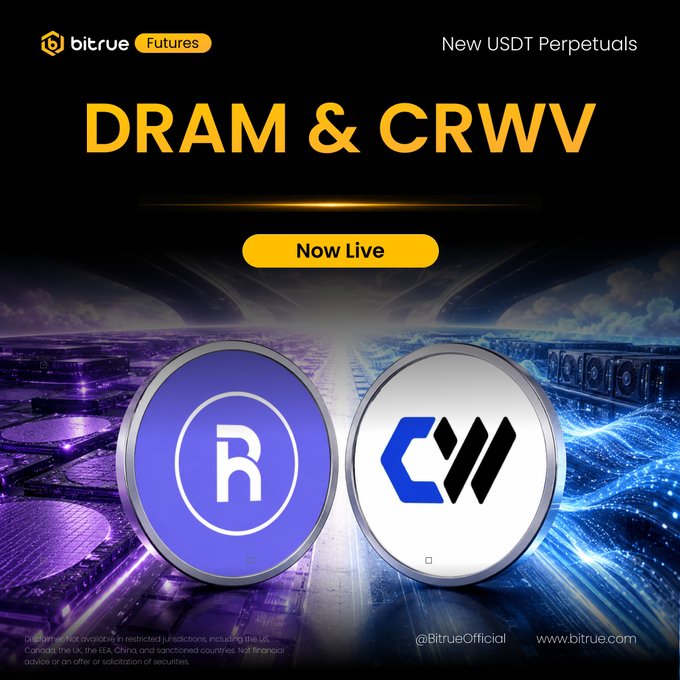 A promotional advertisement for Bitrue Futures announcing new USDT Perpetuals for DRAM & CRWV, with 'Now Live' displayed on a circuit board background.