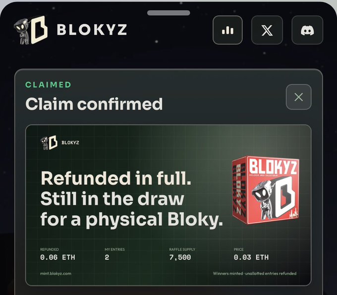 A screenshot from BLOKYZ showing a 'Claim confirmed' message stating 'Refunded in full. Still in the draw for a physical Bloky' with 0.06 ETH refunded.