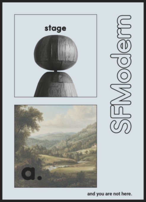 This promotional graphic features two stacked panels: a black-and-white image of a wooden figure's head and shoulders labeled "stage" on top, and a pastoral landscape painting labeled "a." below, with "SFModern" printed vertically on the right and the tagline "and you are not here." at the bottom—visually echoing the "'user not found'" concept of the NFT public sale listed at 0.07 SOL on vvv.so/user-not-found.