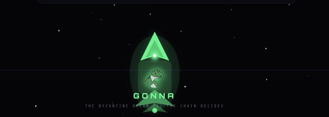 A dark graphic featuring a green glowing triangular emblem with a fist symbol, labeled 'GONNA' with the tagline 'THE BYZANTINE GENERALS WIN CHAIN DECIDES'.