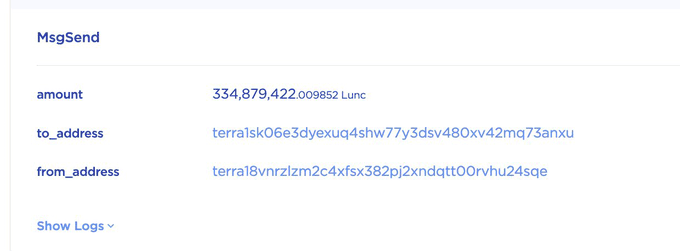 A screenshot of a 'MsgSend' transaction interface showing an amount of 334,879,422.009852 Lunc transferred between two Terra blockchain addresses.