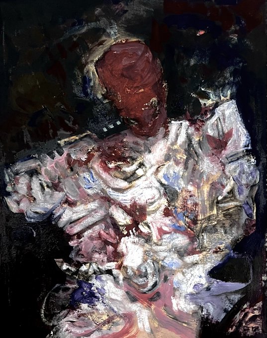 Abstract expressionist painting featuring chaotic brushstrokes in shades of red, white, and gray, depicting an ambiguous figure.
