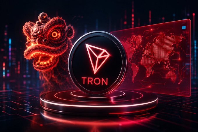 A glowing red Tron (TRON) coin sits on a futuristic pedestal beside a fiery dragon and a digital world map, visually representing the post's message about TRON's global blockchain innovation and the need for regulatory clarity through the CLARITY Act.