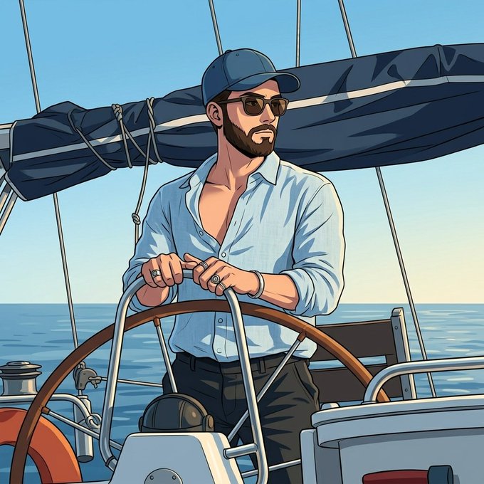A digital illustration of a bearded man wearing a blue shirt, cap, and sunglasses, steering a sailboat. The ocean stretches out behind him under a clear sky.