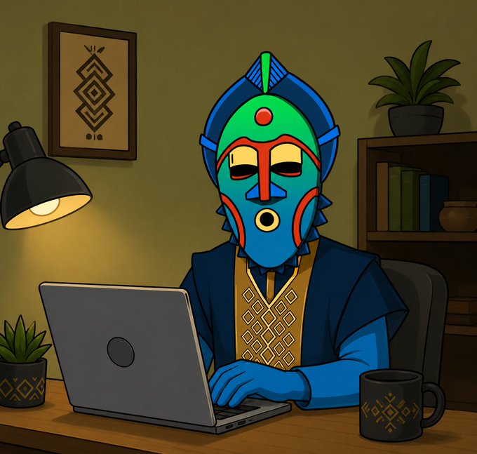 A cartoon-style illustration of a blue-skinned figure wearing a colorful green, red, and blue African-inspired mask, sitting at a desk working on a laptop next to a patterned coffee mug, with African artwork and a plant in the background.