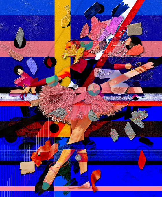 A vibrant digital collage artwork featuring a ballerina in a pink tutu, composed of fragmented shapes, photographs, and textures against a bold background of blue, pink, and yellow geometric patterns.