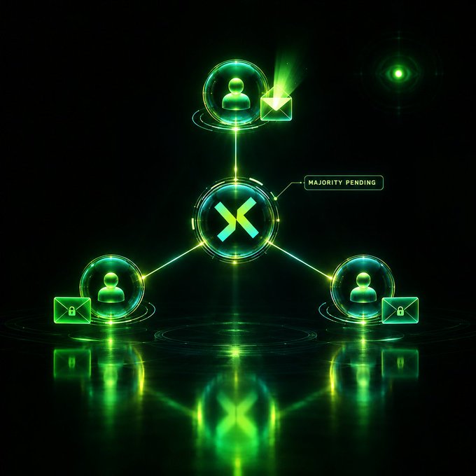 A glowing green digital illustration shows a network of user icons connected to a central 'X' logo with a message envelope, labeled 'MAJORITY PENDING'.