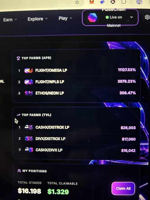 A screenshot of a cryptocurrency staking platform called PulseChain showing 'TOP FARMS (APR)' with FLIGHT/OMEGA LP at 11127.53%, FLIGHT/WPLS LP at 3979.23%, and ETHOS/NEON LP at 308.47%, along with 'TOP FARMS (TVL)' and 'MY POSITIONS' totaling $16.198 staked.