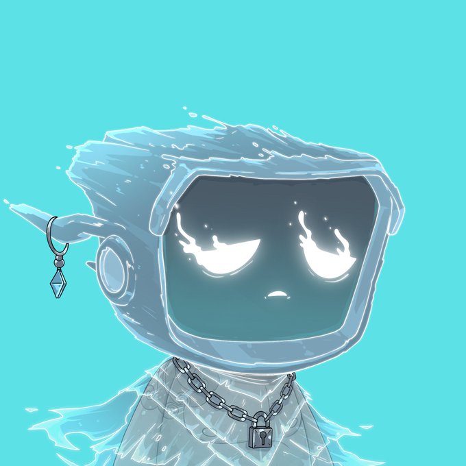 A stylized digital drawing shows a translucent, icy-looking robotic head with glowing white flame-shaped eyes, wearing a chain necklace with a padlock, set against a bright turquoise background.