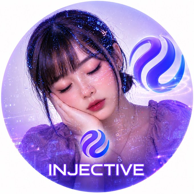 The image features a woman with her eyes closed, wearing a purple dress. The background is white, which contrasts with the blue and purple elements of the scene. There are two objects in the image - one is a blue ball, while the other is a purple dress. The text "Injective" can be seen at the bottom right corner of the image.