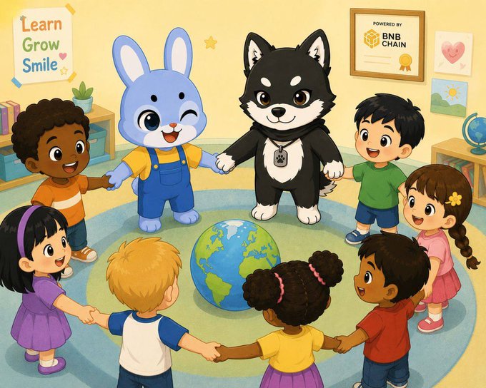 A diverse group of children hold hands in a circle around a globe alongside a blue bunny and a black-and-white dog mascot, beneath a "Learn Grow Smile" poster and a "POWERED BY BNB CHAIN" certificate, symbolizing the MAME community's $160,000 charitable donation to the giggle team's wallet.