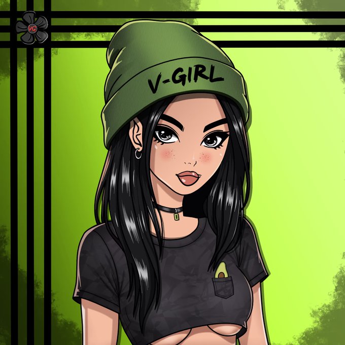 A digital illustration of a young woman with long black hair, wearing a green beanie labeled "V-GIRL" and a dark t-shirt, set against a green background.