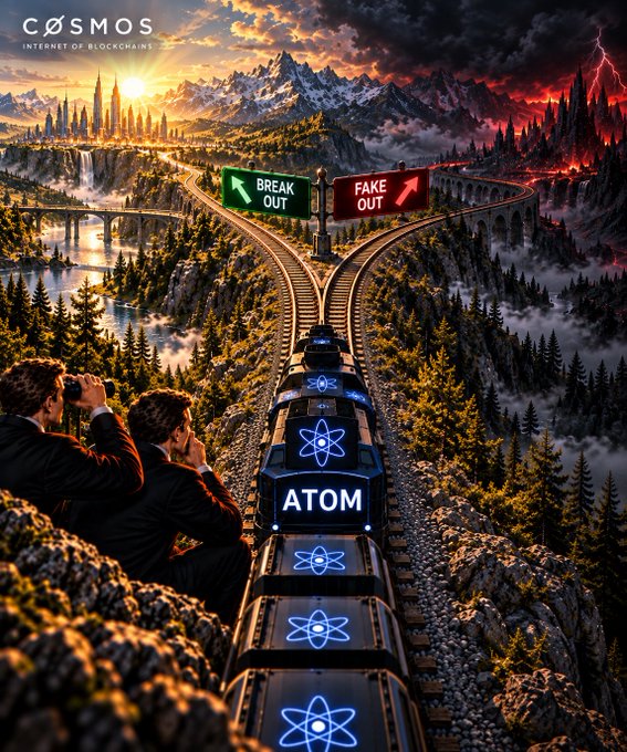 A dramatic digital artwork by COSMOS - Internet of Blockchains, depicting a train labeled "ATOM" traveling along mountain tracks at a fork with signs reading "BREAK OUT" and "FAKE OUT," while businessmen observe through binoculars.