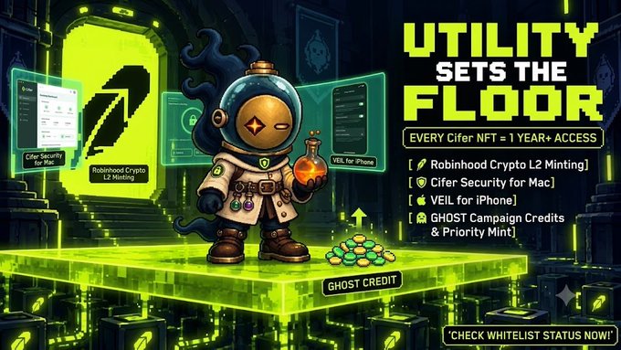 A digital promotional graphic titled 'UTILITY SETS THE FLOOR' featuring a cartoon astronaut character holding a potion bottle, advertising Cifer NFT benefits including 'Robinhood Crypto L2 Minting,' 'Cifer Security for Mac,' 'VEIL for iPhone,' 'GHOST Campaign Credits & Priority Mint,' with a call to 'CHECK WHITELIST STATUS NOW!'