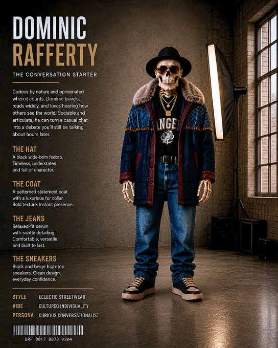 A stylized magazine-style layout featuring a skeleton dressed in eclectic streetwear, including a black fedora, patterned coat with fur collar, "ANGE" graphic tee, relaxed-fit denim jeans, and black and beige high-top sneakers, with text identifying the look as "DOMINIC RAFFERTY THE CONVERSATION STARTER" and describing each clothing item.