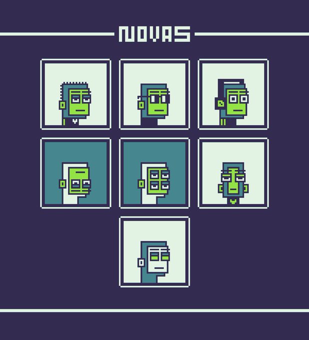 A dark purple pixel art collection titled "NOVAS" displays seven green-skinned, retro-style character portraits arranged in a grid layout, matching the NFT series description of "clueless figures" with minimalist, blocky designs characteristic of the pixel art aesthetic.
