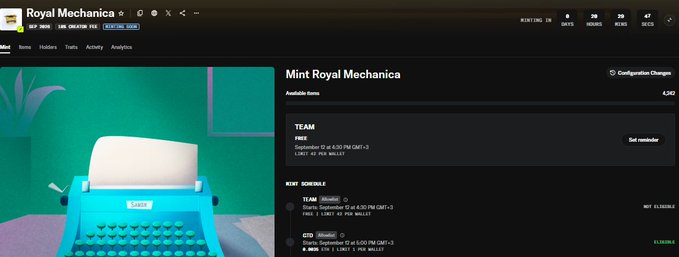 The image displays a Royal Mechanica NFT minting dashboard titled "Mint Royal Mechanica," showing 4,342 available items with prices in USDC, ETH, and Blux token options, featuring a typewriter with mint-green accents. This preview page for an upcoming mint drop directly supports the post's announcement about an imminent minting event, with the typewriter imagery playfully referencing both "Royal Mechanica" branding and the act of minting new tokens.