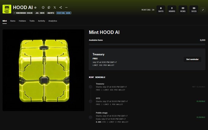 Screenshot of the HOOD AI NFT minting page on Robinhood Chain, displaying a yellow voxel-style item and a mint schedule for Treasury, GTO, and Public stages starting July 27.