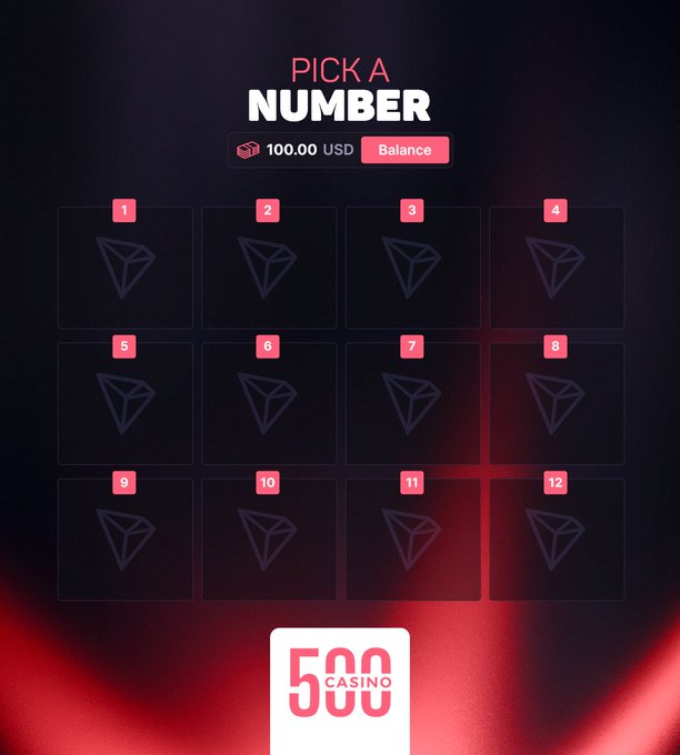 A dark-themed "Pick A Number" grid game from 500 Casino displays 12 numbered boxes featuring Tron (TRX) logos, with a visible balance of 100.00 USD and the 500 Casino branding at the bottom, inviting users to select a box that may hide $100 in $TRX.
