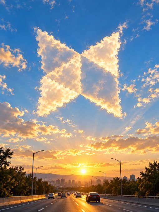 A scenic highway at sunset with a large butterfly-shaped cloud formation in the sky and city skyline in the distance.