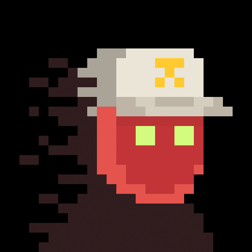 A pixel art illustration of a red strawberry-like character wearing a white hat with a yellow logo, surrounded by a dark shadowy aura against a black background.