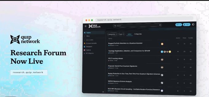 An announcement for 'quip network' showing their newly live Research Forum at research.quip.network, with a preview of the forum's dark-themed interface displaying quantum and signature-related topics.