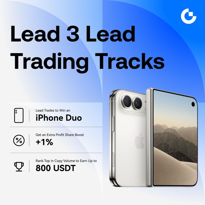 Promotional graphic titled 'Lead 3 Lead Trading Tracks' offering rewards including an 'iPhone Duo', 'Get an Extra Profit Share Boost +1%', and 'Rank Top in Copy Volume to Earn Up to 800 USDT'.