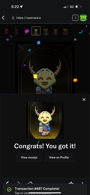 An OpenSea mobile screenshot showing a successful NFT purchase with the message 'Congrats! You got it!' displaying a horned character collectible, with Transaction #487 Complete at the bottom.
