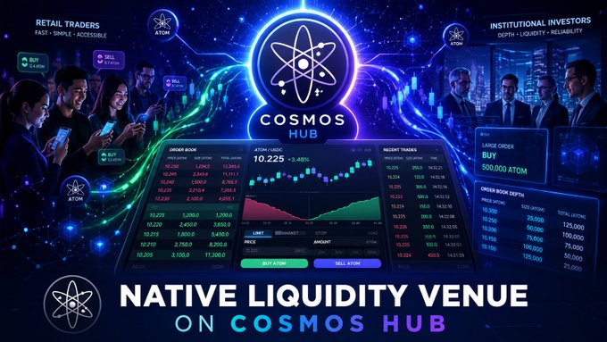 The image features a poster or banner that promotes a native order book directly on the Cosmos Hub, which is an online marketplace specifically designed for both retail and institutional investors. The order book displays various stock data and financial information, providing users with real-time insights into market trends and opportunities. The post highlights the benefits of using the Cosmos Hub as a native liquidity venue, emphasizing its potential impact on the trading activities within the platform.