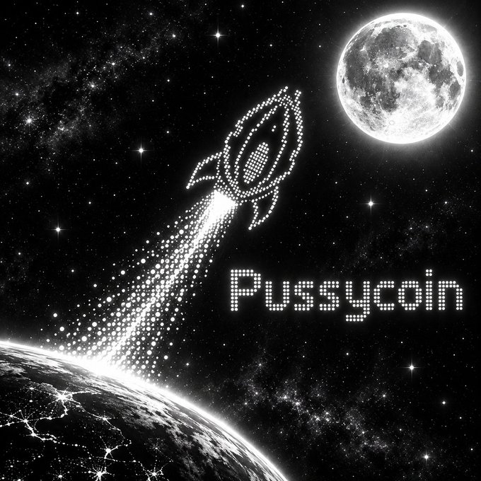 A stylized black and white image of a rocket launching into space toward the moon, labeled 'Pussycoin'.