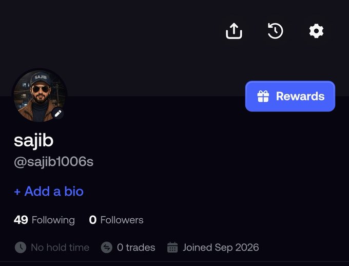 A profile page for a user named 'sajib' (@sajib1006s) showing 49 Following, 0 Followers, 0 trades, and a 'Joined Sep 2026' date.