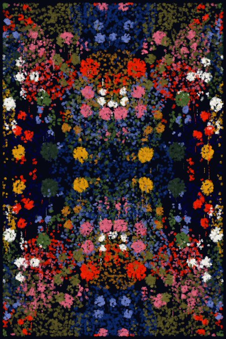 A colorful abstract or floral patterned design with a kaleidoscopic arrangement of red, blue, pink, yellow, and white flowers on a dark background.