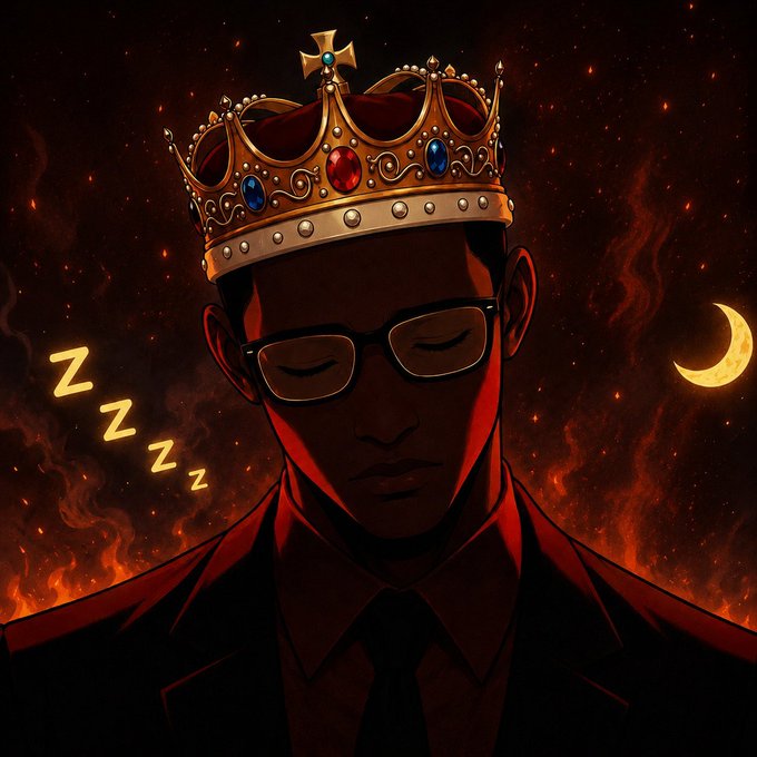 A digital illustration of a man wearing glasses and a crown with jewels, with his eyes closed as if sleeping (indicated by ZZZ), set against a fiery red background with a crescent moon and stars.