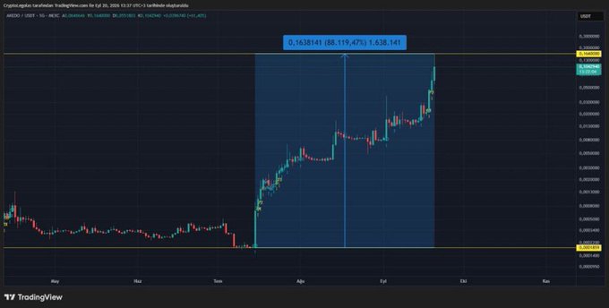 A TradingView candlestick chart displays the AKEDO/USDT pair on a daily timeframe, showing a dramatic price surge from around $0.0015 in early spring to $0.1638 by October, marking an 86.119% (1,638.14%) increase that visually confirms the post's claim of a 9.11x gain over 67 days. The shaded green vertical band highlights the explosive growth period, illustrating how a $1,000 investment would have grown to approximately $1 million as described in the accompanying post.