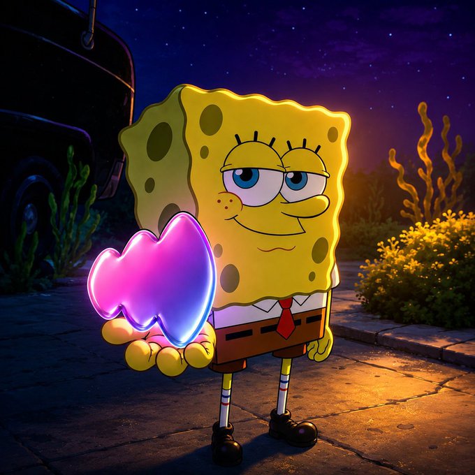 A stylized rendering of SpongeBob SquarePants, recognizable by his square yellow body, brown pants, red tie, and white shirt, stands at night holding a glowing pink and purple heart. The scene is illuminated by warm lighting against a dark, starry sky, with seaweed and a vehicle visible in the background.