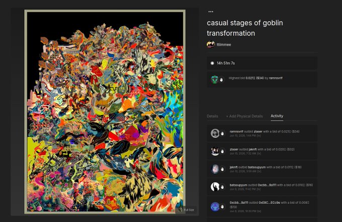 The image shows a computer screen displaying an art gallery with various paintings. The main focus of the image is a large painting that takes up most of the frame, surrounded by smaller paintings. There are multiple people present in the image, possibly admiring or discussing the artwork. A message on the screen reads "Casual stages of goblin transformation", which could be related to the art gallery or simply an unrelated piece of information. The post also mentions a few other artists and their works, indicating that this is part of a larger discussion about art and its various styles.