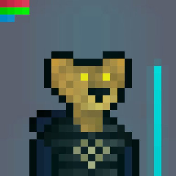 A pixel art image of a humanoid character with yellow eyes and a black outfit, with a blue vertical energy bar on the right and small colored status bars in the top-left corner.