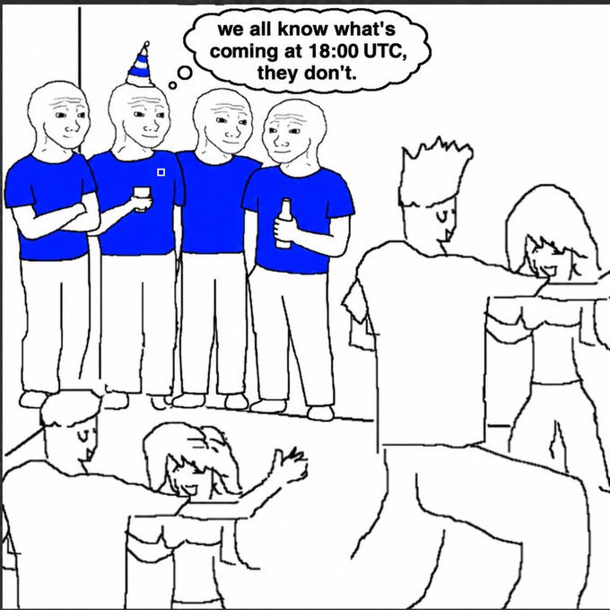 A group of partygoers wearing matching blue shirts and a party hat huddle together, with one thinking "we all know what's coming at 18:00 UTC, they don't," while couples dance nearby—creating an air of anticipation for an impending event tied to the post's ominous "it's coming."