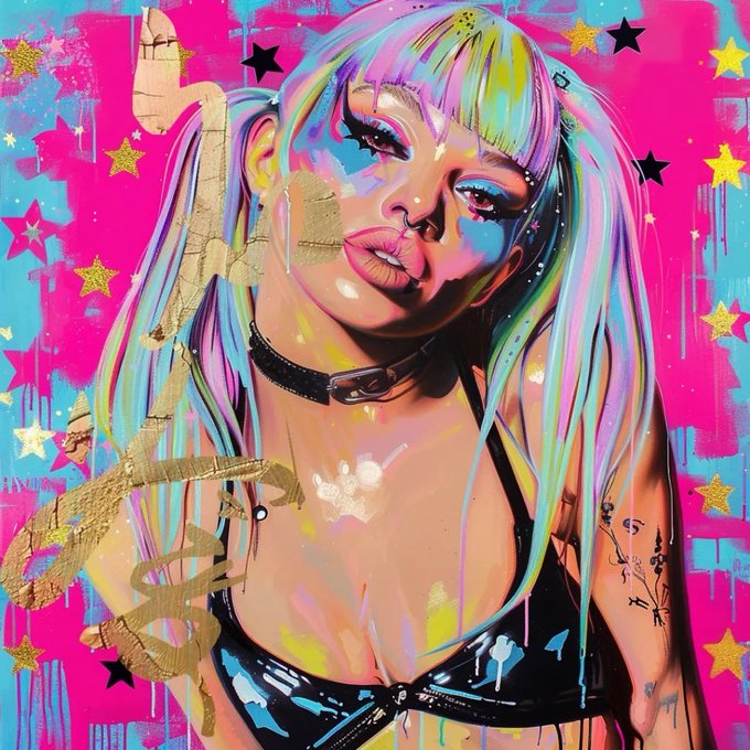 A vibrant, pop-art style painting of a woman with multicolored pigtails, heavy makeup, and a black choker against a bright pink background with yellow and black stars.