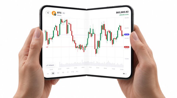 A pair of hands holds a foldable smartphone displaying an expanded Bitcoin (BTC) trading chart with the price at $63,965.92 (+$220.00, 1.5%). The unfolded dual-screen design visually reinforces the caption's message by showing how the larger display area allows for a more expansive view of BTC candlestick data, volume indicators, and detailed price metrics across a wider time range.
