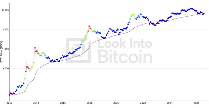 A logarithmic chart titled "Look Into Bitcoin" showing BTC Price (USD) trends from 2012 to 2026, with colored dots indicating market phases and prices ranging from around $10 to over $100k.