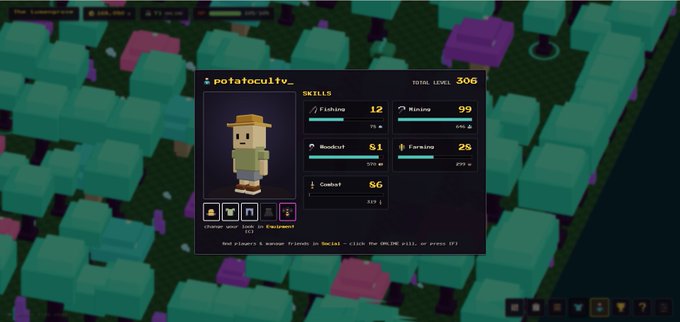 A screenshot from a block-building game showing a character skills menu for 'potatocultv_' at Total Level 306, displaying stats like Fishing 12, Mining 99, Woodcut 91, Farming 28, and Combat 86 against a backdrop of voxel terrain.