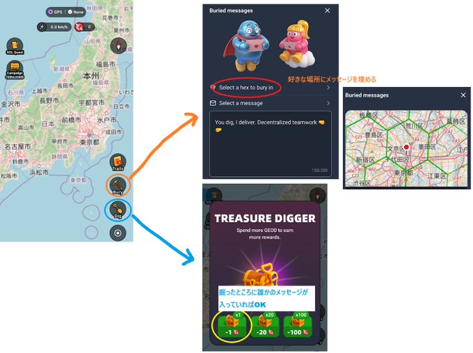 Screenshot of a mobile app interface showing a map of Japan with options to "Buried messages" (featuring "Select a hex to bury in" and a message reading "You dig, I deliver. Decentralized teamwork.") and a "Treasure Digger" feature offering GEO token rewards of +1, +25, or +100 based on spending, illustrating how users can earn the GEODNET TokenRun Badge by opening treasure chests while holding GEOD tokens.