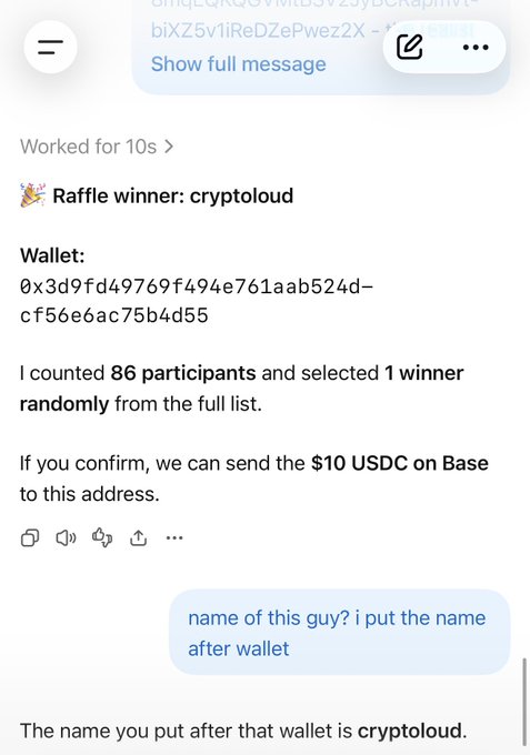 Screenshot of a chat announcing a raffle winner 'cryptoloud' with wallet address 0x3d9fd49769f494e761aab524d-cf56e6ac75b4d55, mentioning 86 participants and a $10 USDC prize on Base.