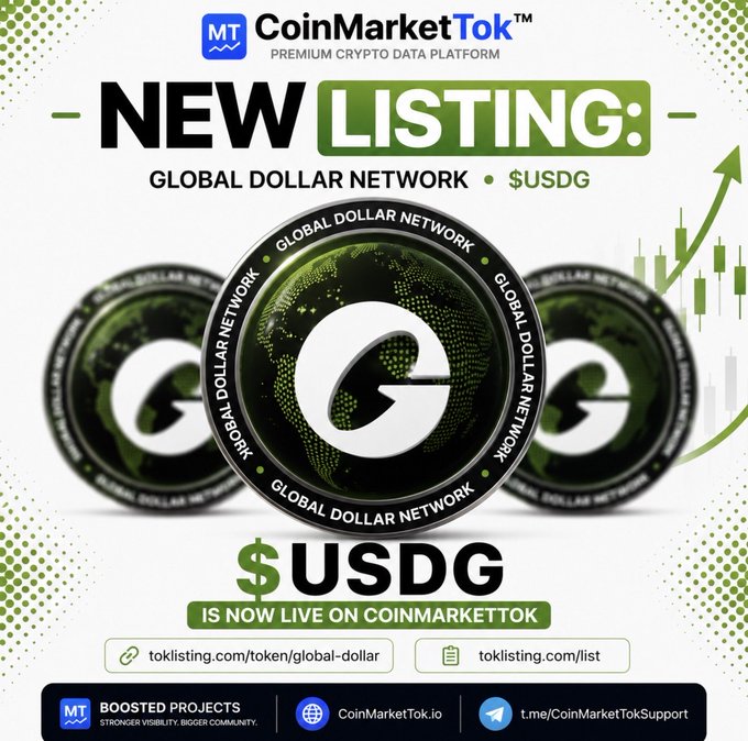 CoinMarketTok promotional graphic announcing a new listing for Global Dollar Network ($USDG), featuring a green token logo with a globe design and mobile app previews.