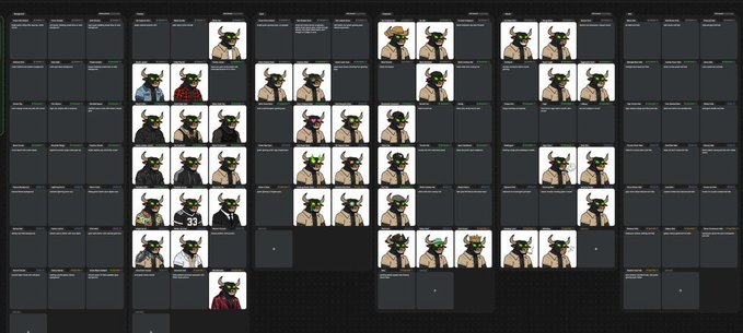 The image displays a grid of dozens of AI-generated cartoon bull character variations, each wearing different outfits and accessories (suits, hoodies, sports jerseys, sunglasses) while sharing the same green-skinned, horned base design. This relates directly to the post by showcasing a "full collection" of bull variants generated from a single base prompt in approximately 30 seconds—visually supporting the creator's claim about their AI tool's batch-generation capability, though the variations indicate why they aren't yet satisfied enough to release the art publicly.