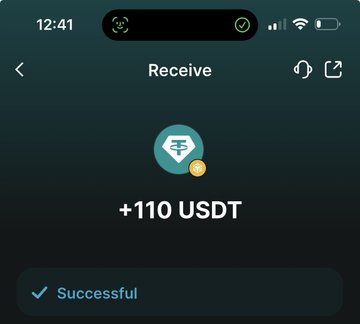 A mobile cryptocurrency wallet screenshot showing a successful receipt of +110 USDT, with the time displayed as 12:41.